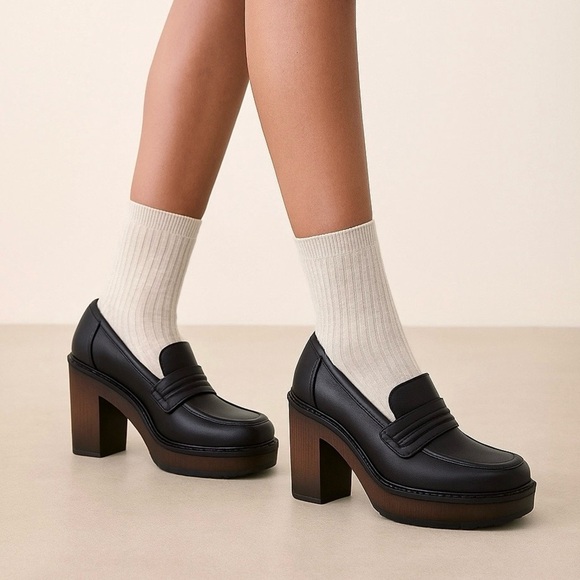Korks Penny Chunky Platform Black Loafer Pumps 8 - Picture 15 of 15